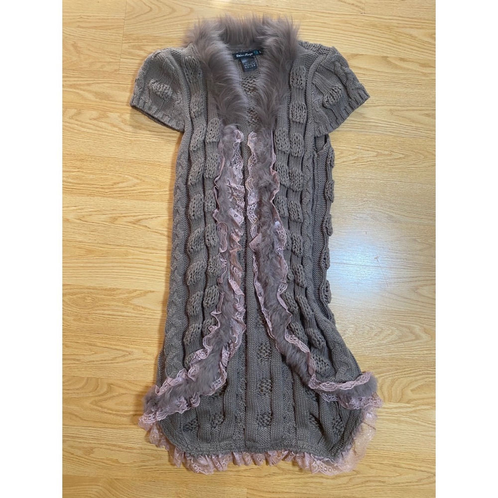 Vintage Y2K Urban Mango Taupe Cable Knit Faux Fur Pink Lace Trim Cardigan Duster